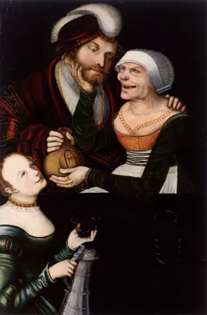 Ill-Matched Couple: Young Man and Old Woman with a Maid by Lucas Cranach The Younger Oil Painting