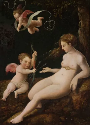 Venus with a Cupid by Lucas Van Leyden (Follower) Oil Painting