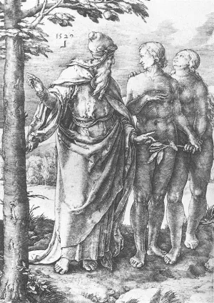 Adam and Eve Expulsion from the Paradise painting by Lucas Van Leyden