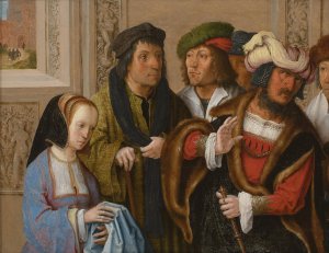 Potiphar's wife shows her husband Joseph's cloak. In the background; Joseph being taken to prison by Lucas Van Leyden Oil Painting
