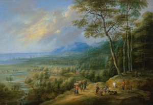 An extensive coastal landscape by Lucas Van Uden Oil Painting