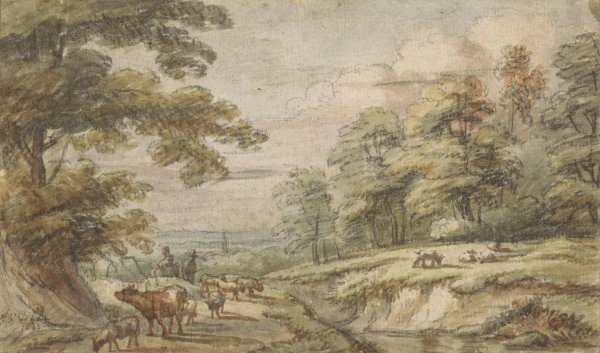 Main Product Photo of Heuvelachtig landschap met kudde schapen en koe  Painting by Lucas Van Uden