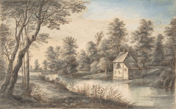 Main Product Photo of Wooded Landscape with a House beside a River  Painting by Lucas Van Uden