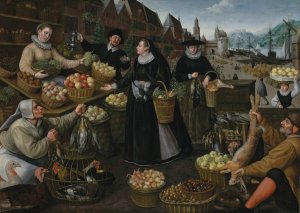 Allegory of Autumn; A fruit and vegetable stall above the Weinmarkt in Frankfurt Oil painting by Lucas Van Valckenborch