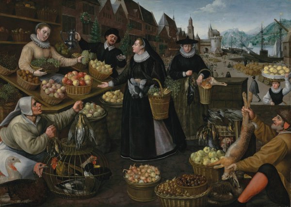 Allegory of Autumn; A fruit and vegetable stall above the Weinmarkt in Frankfurt  by Lucas Van Valckenborch - Hand-Painted Oil Painting Reproduction