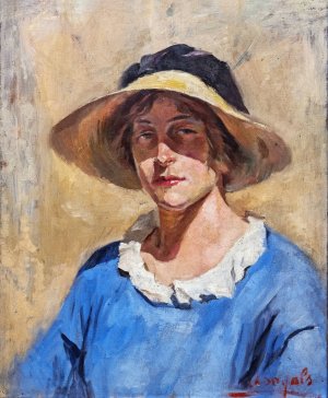 Self-portrait with a straw hat by Luce Boyals Oil Painting