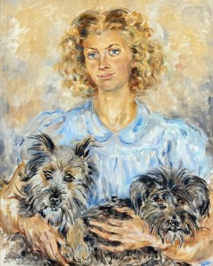 Young woman with dogs by Luce Boyals Oil Painting