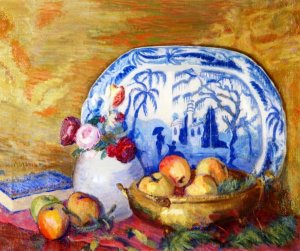 Fruit and Feather Flowers by Lucien Abrams Oil Painting