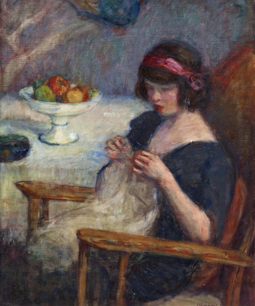 Main Product Photo of Girl Sewing  Painting by Lucien Abrams