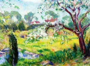 Landscape with Trees, Pond and White House by Lucien Abrams - Oil Painting Reproduction