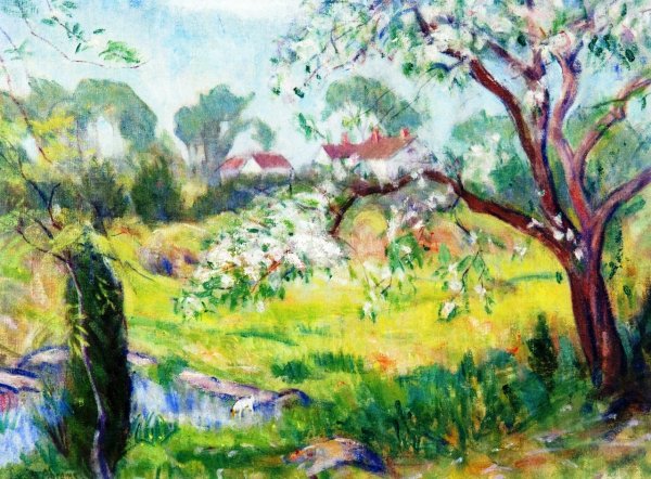 Main Product Photo of Landscape with Trees, Pond and White House Painting by Lucien Abrams