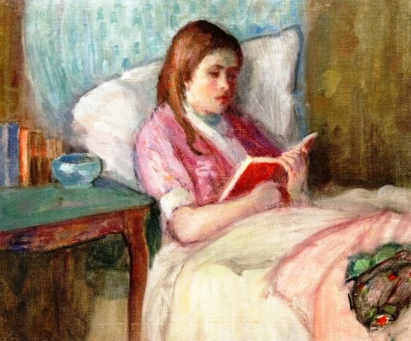 Main Product Photo of Young Woman Reading in Bed Painting by Lucien Abrams