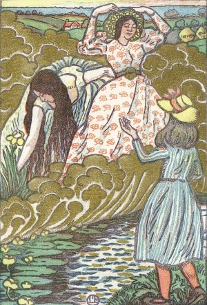 Een meisje en twee vrouwen bij een beek by Lucien Pissarro Oil Painting
