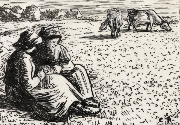 Twee veehoedsters  by Lucien Pissarro - Hand-Painted Oil Painting Reproduction