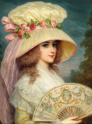 A Lady with Rose Hat and Fan by Lucius Rossi Oil Painting