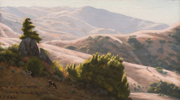 Cattle Grazing in Sunlit Hills by Ludmilla Pilat Welch - Hand-Painted Oil Painting Reproduction