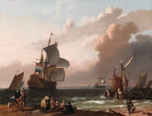 Coastal Scene with a Man-of-War and other Vessels by Ludolf Backhuysen (Follower) Oil Painting