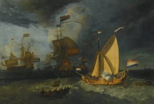 The Dutch Fleet At Sea, With A States Yacht Firing A Salute by Ludolf Backhuysen (Follower) Oil Painting