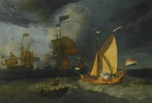 The Dutch Fleet At Sea, With A States Yacht Firing A Salute by Ludolf Backhuysen (Follower) Oil Painting