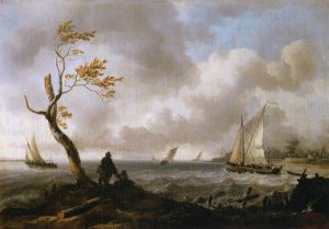Fishing Boats and Coasting Vessel in Rough Weather by Ludolf Backhuysen Oil Painting