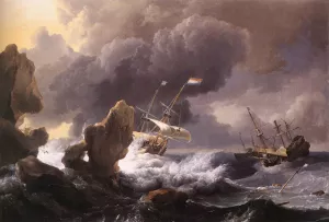 Ships in Distress off a Rocky Coast by Ludolf Backhuysen - Oil Painting Reproduction