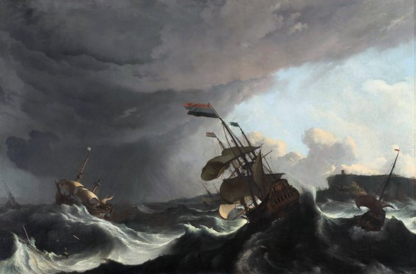 Warships in a Heavy Storm  by Ludolf Bakhuysen - Hand-Painted Oil Painting Reproduction