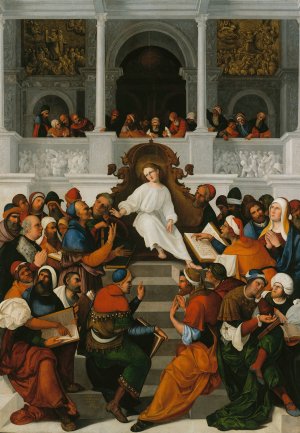 The Twelve-Year-Old Jesus Teaching in the Temple by Ludovico Mazzolino Oil Painting