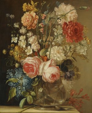 A Still Life With Roses, A Daffodil And Other Flowers In A Glass Vase On A Stone Ledge by Ludovico Stern Oil Painting