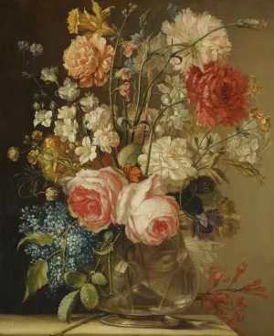 A Still Life With Roses, A Daffodil And Other Flowers In A Glass Vase On A Stone Ledge by Ludovico Stern Oil Painting