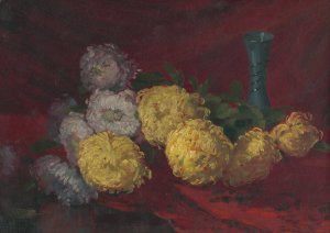 Chrysanthemums on the table by Ludovit Cordak Oil Painting
