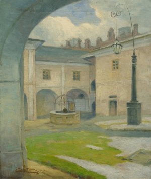 The courtyard of the Renaissance manor house in Strazky by Ludovit Cordak Oil Painting