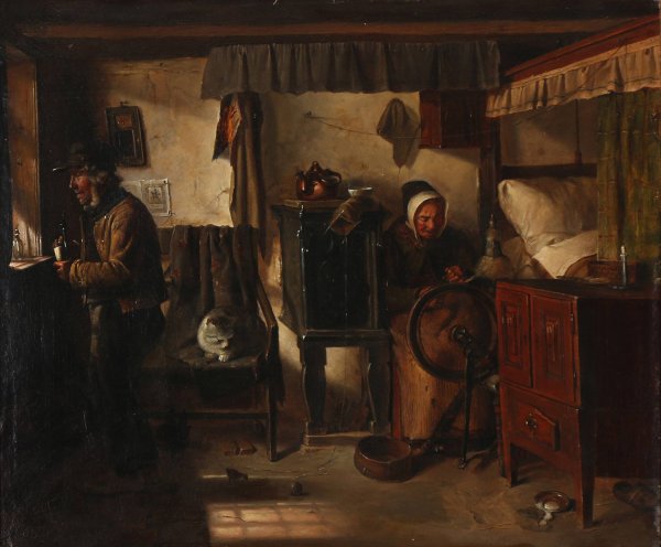Interior fra en Bondestue by Ludvig Abelin Schou - Hand-Painted Oil Painting Reproduction