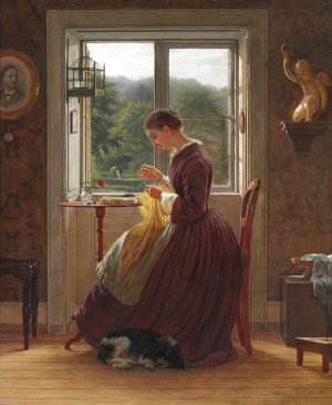 Interior med en kvinde, der sidder og syr foran vinduet, samtidig med at hun laeser et brev by Ludvig August Smith Oil Painting