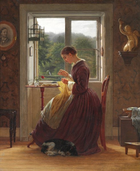 Interior med en kvinde, der sidder og syr foran vinduet, samtidig med at hun laeser et brev by Ludvig August Smith - Hand-Painted Oil Painting Reproduction