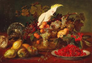 Large Still Life with Cockatoo Oil painting by Ludwig Adam Kunz