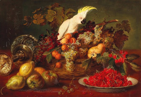 Large Still Life with Cockatoo by Ludwig Adam Kunz - Hand-Painted Oil Painting Reproduction