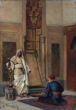 A musician and a guardsman in an oriental interior by Ludwig Deutsch Oil Painting
