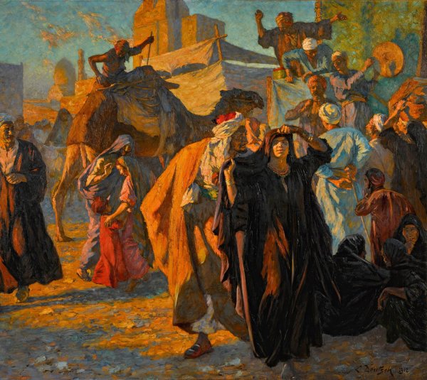 Main Product Photo of A Street Celebration In Cairo  Painting by Ludwig Deutsch
