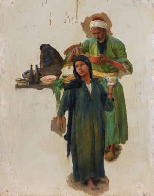Study Of A Man And A Girl Holding A Bowl by Ludwig Deutsch Oil Painting