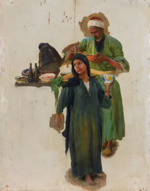 Study Of A Man And A Girl Holding A Bowl Oil painting by Ludwig Deutsch