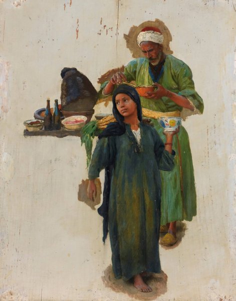Main Product Photo of Study Of A Man And A Girl Holding A Bowl Painting by Ludwig Deutsch