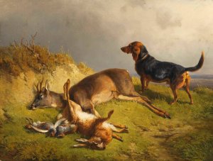 Erlegtes Wild und Jagdhund by Ludwig Gustav Voltz Oil Painting