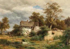 A Dilapidated Farmyard in the Laabach Valley near Kaumberg Oil painting by Ludwig Halauska