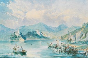 A view of Bled island in lake Bled in Slovenia by Ludwig Halauska Oil Painting