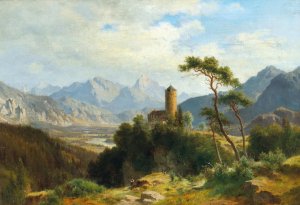 View of Castle Klamm in the Oberinntal with a view of the Sulstein Oil painting by Ludwig Halauska