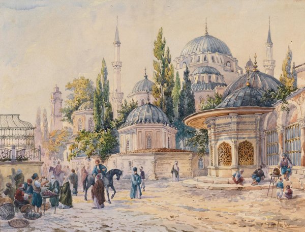 The Sehzade Mosque in Laleli, Istanbul by Ludwig Hans Fischer - Hand-Painted Oil Painting Reproduction
