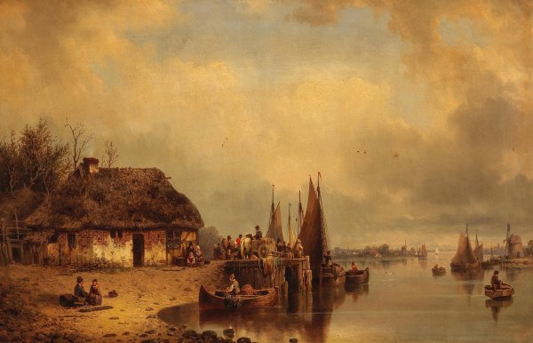 Fishermen at Work on a Jetty  by Ludwig Hermann - Hand-Painted Oil Painting Reproduction