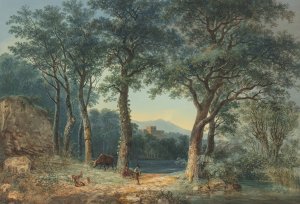 A Wooded Lakeside with an Italianate Villa by Ludwig Hess Oil Painting