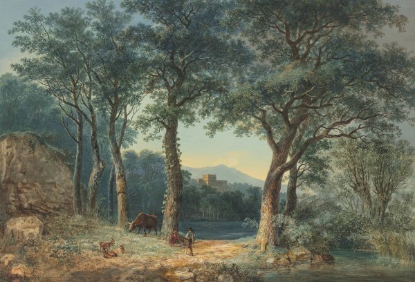 Main Product Photo of A Wooded Lakeside with an Italianate Villa  Painting by Ludwig Hess