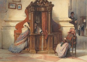 A church interior with women at the confessional by Ludwig Johann Passini Oil Painting